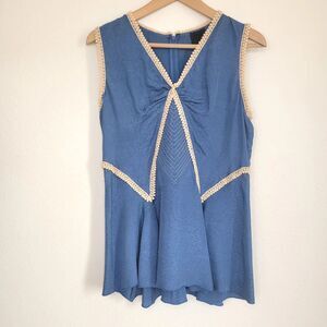 Anna Sui Blue 100% Silk Fit And Flare Tunic Tank Top Crochet Lining Size Small